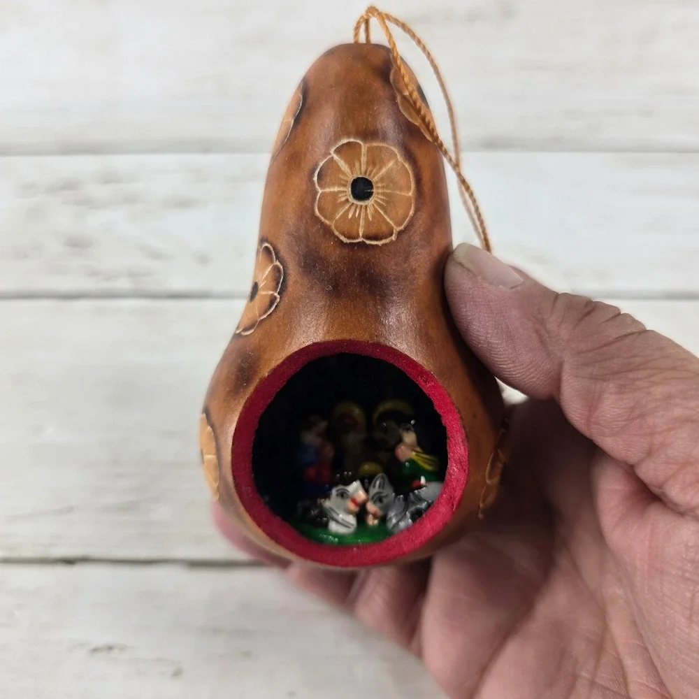 Vintage Peruvian Hand Carved Gourd Nativity Ornament Folk Art Miniature Scene